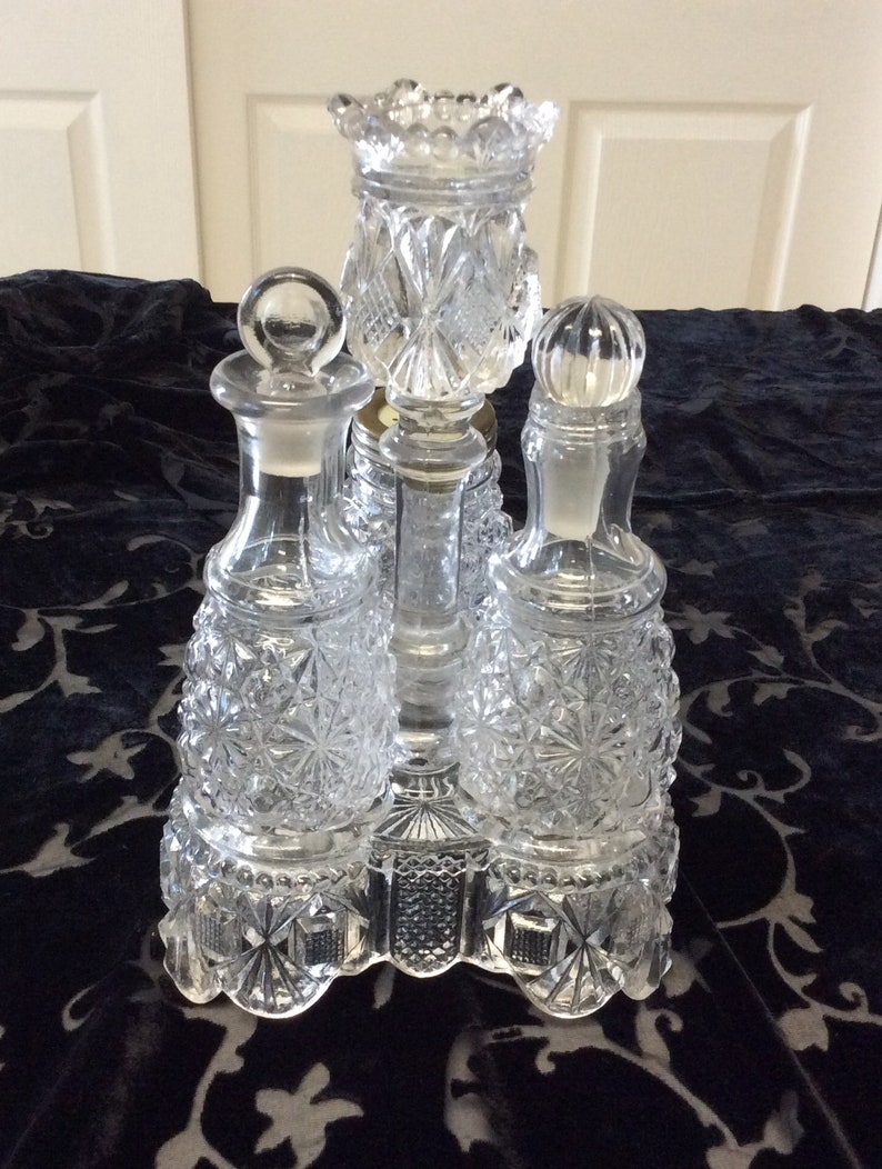 Pressed Glass Cruet and Condiment Set With Candle Holder, Vintage Cruet