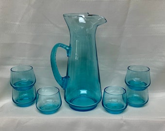 Colony Cocktail Pitcher And Glasses Set, Turquoise/Aqua Glass Pitcher, Retro Bar Accessories, Collectibles, Made in Italy, Vintage Barware