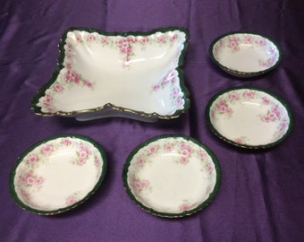 N. D. & Co. Carlsbad China, Austria Square Scalloped Green And Pink Floral Dish With Gold Accents And 4 Matching Bowls, Austrian China