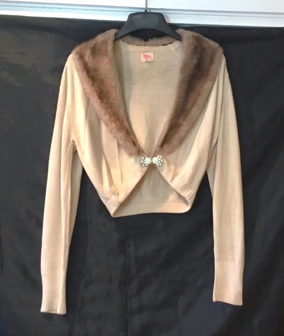 Sears Roebuck Kerrybrooke, Fashioned 100% in Orlon, Beige Sweater With Fur Collar And Rhinestone Clasps, Vintage Apparel