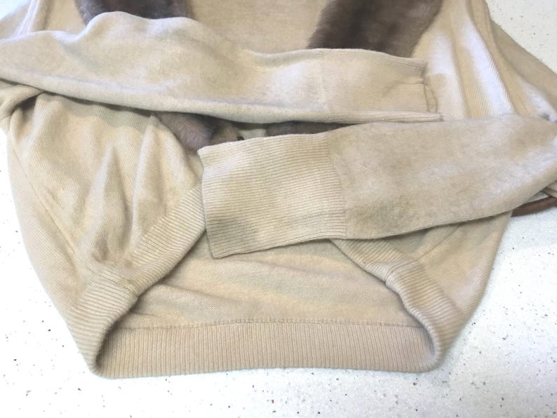 Sears Roebuck Kerrybrooke, Fashioned 100% in Orlon, Beige Sweater With Fur Collar And Rhinestone Clasps, Vintage Apparel image 7