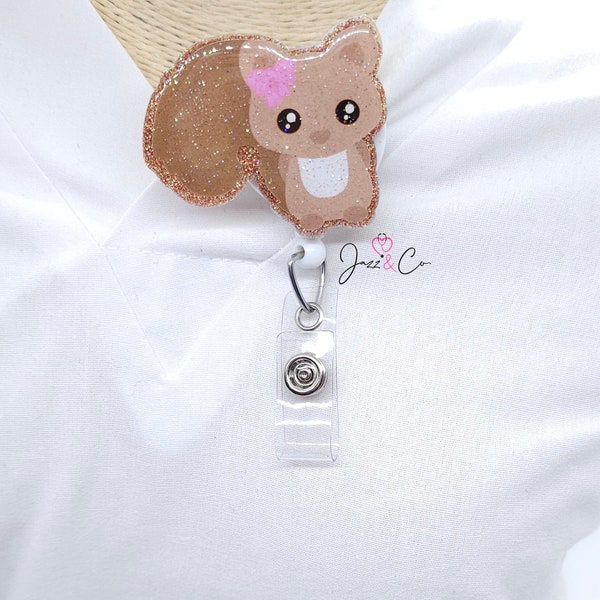 Adorable Squirrel Badge Reel | Gold Glitter Nurse Badge | Cute Animal Badge Reel | Woodland Creature Gift