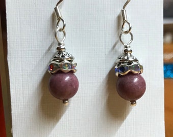 Rhodonite stone earrings / Antique silver accents / Crystal AB