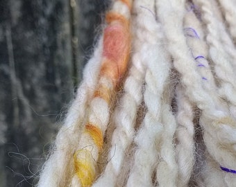 Hand spun bulky art yarn, beige orange gray wool, chunky rustic 2ply, knitting crochet doll hair weaving craft supply