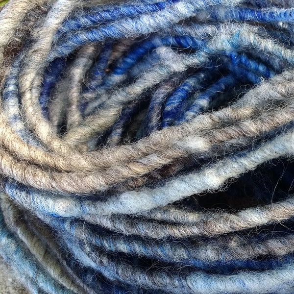 Handspun art yarn fuzzy gray blue teal, bulky wool accent yarn handmade knitting crochet weaving, rustic homespun novelty yarn single ply