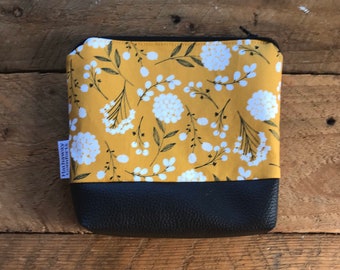 Mustard Yellow Floral Makeup Bag