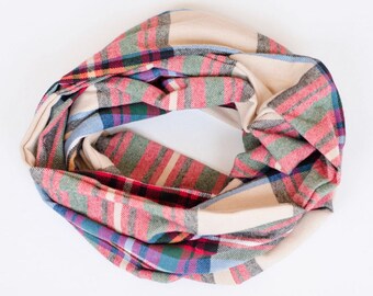 Hidden Pocket Infinity Scarf- Tan multi plaid