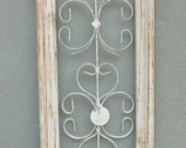 Wooden Antique Style Church WINDOW Wrought Iron Primitive Wood Gothic 37 1 2 INCH Chippy White Shabby