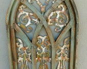 Wooden Antique Style Church WINDOW Frame Primitive Wood Gothic 30 1 2 quot Chippy Green