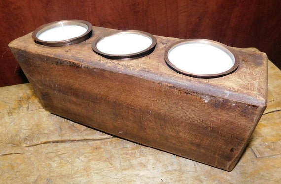 4 Hole Wooden Sugar Mold Wood Candle Holder Primitive Clear Glass Votives