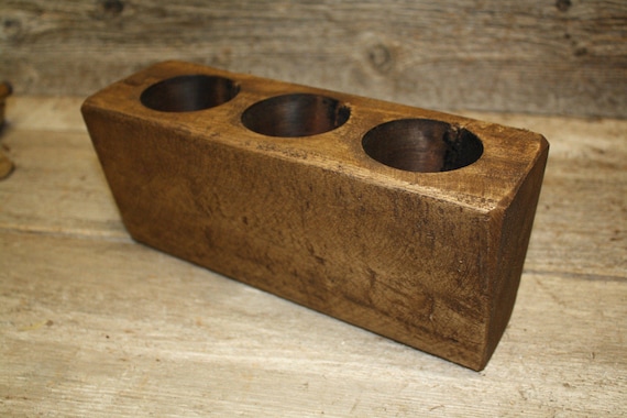 4 Hole Wooden Sugar Mold Wood Candle Holder Primitive
