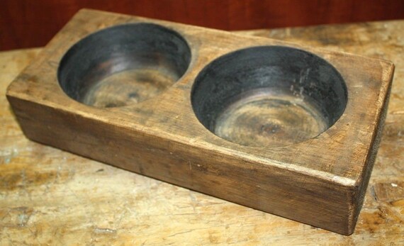 2 Hole Wooden Sugar Mold Wood Candle Holder Primitive Cheese Butter Press