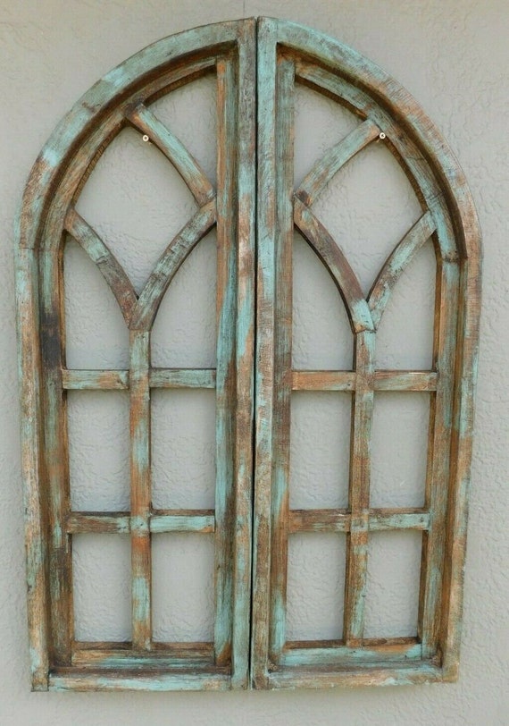 2 Wooden Antique Style Church Window Frame Shutters Wood Gothic 36 Shabby