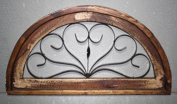 Wooden Antique Style Church WINDOW Wrought Iron Primitive Wood Rustic Gothic