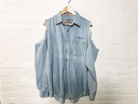 Denim Cold Cut Out Shoulder Button Down