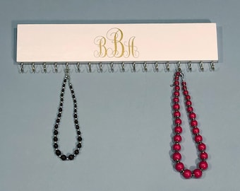 Personalized Necklace Holder – White & Gold Monogram Jewelry Organizer