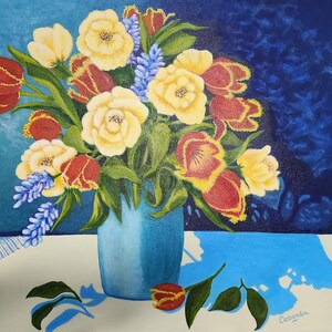 Original Bright Cheerful Floral Painting 20 x 20 inches on Gallery Wrapped Canvas Artist Created, Flowers in Vase with Colorful Blooms