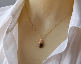 Tiger&#39;s Eye Teardrop Necklace: Wire Wrapped Healing Stone Jewelry, Gold-Filled or Sterling Silver