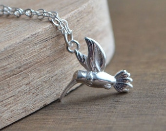 Dainty Sterling Silver Hummingbird Necklace: Flying Bird Charm