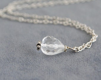 Rock Crystal Necklace, Clear Quartz Teardrop Necklace, April Birthday Gifts For Her, Birthstone Jewelry