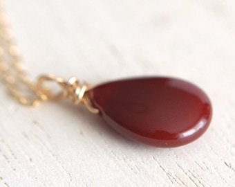 Red Agate Teardrop Necklace, Burnt Orange Agate Jewelry