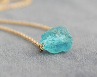 Neon Blue Apatite Necklace, Minimalist Raw Crystal Choker