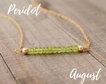 Peridot Bar Necklace, August Birthstone Jewelry, Birthday Gifts For Her, Chartreuse Jewelry, Green Gemstone Bead Necklace