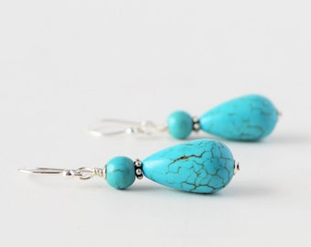 Turquoise Teardrop Earrings, December Birthstone Jewelry, Birthday Gifts For Her, Blue Gemstone Dangle Earrings