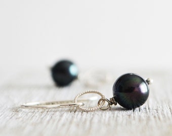 Dainty Black Pearl Dangle Earrings, 3rd Wedding Anniversary Gift For Her, June Birthstone Jewelry For Wife