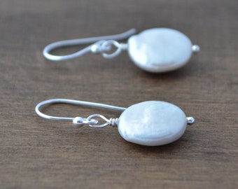 White Freshwater Coin Pearl Earrings, June Birthstone Jewelry, 3rd Wedding Anniversary Gift For Wife