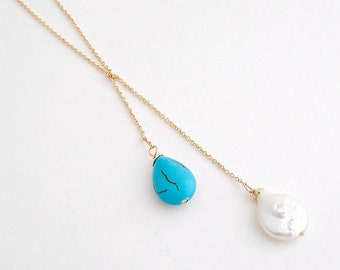 Turquoise And Pearl Lariat Necklace, Multi Gemstone Y Necklace, Mothers Day Gift, Bridesmaids Necklaces