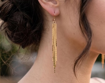 Long Gold Chain Bridesmaid Earrings, Wedding Guest Jewelry, Waterfall Tassel Earrings