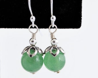 Green Aventurine Earrings in Sterling Silver, Handmade Gemstone Earrings, Gifts For Her