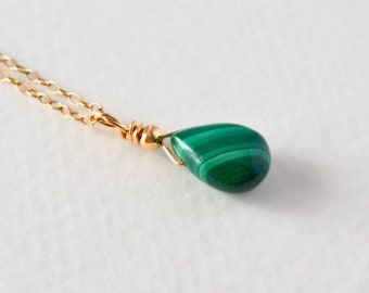 Green Malachite Drop Necklace, Emerald Green Gemstone Jewelry