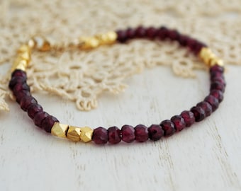 Dainty Red Garnet Beaded Bracelet, January Birthstone Jewelry, 2nd Wedding Anniversary Gift For Wife