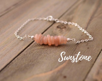 Raw Sunstone Bracelet, Peach Pink Gemstone Jewelry