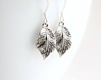 Sterling Silver Leaf Earrings, Boho Botanical Earrings, Antique Silver Leaf Earrings, Nature Lover Gifts For Her, Rustic Woodland Earrings