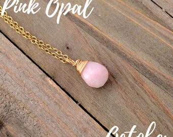 Pink Opal Teardrop Necklace: October Birthstone Jewelry, Gold-Filled or Sterling Silver