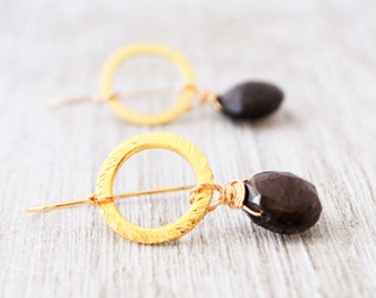 Smoky Quartz Dangle Earrings, Brown Gemstone Gold Earrings