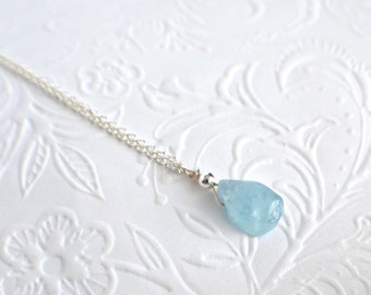 Raw Aquamarine Drop Necklace, March Birthstone Jewelry, 19th Wedding Anniversary Gift For Wife