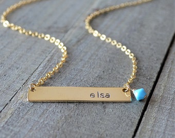 Personalized Name Plate Necklace, Engraved Gold Bar Necklace, Custom Gold Name Necklace, Birthstone Necklace For Mom