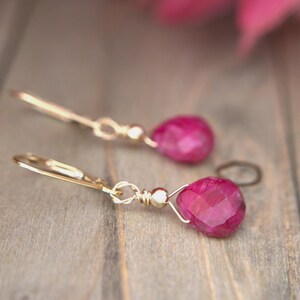 Ruby Leverback Earrings: Gold Filled or Sterling Silver Dangle