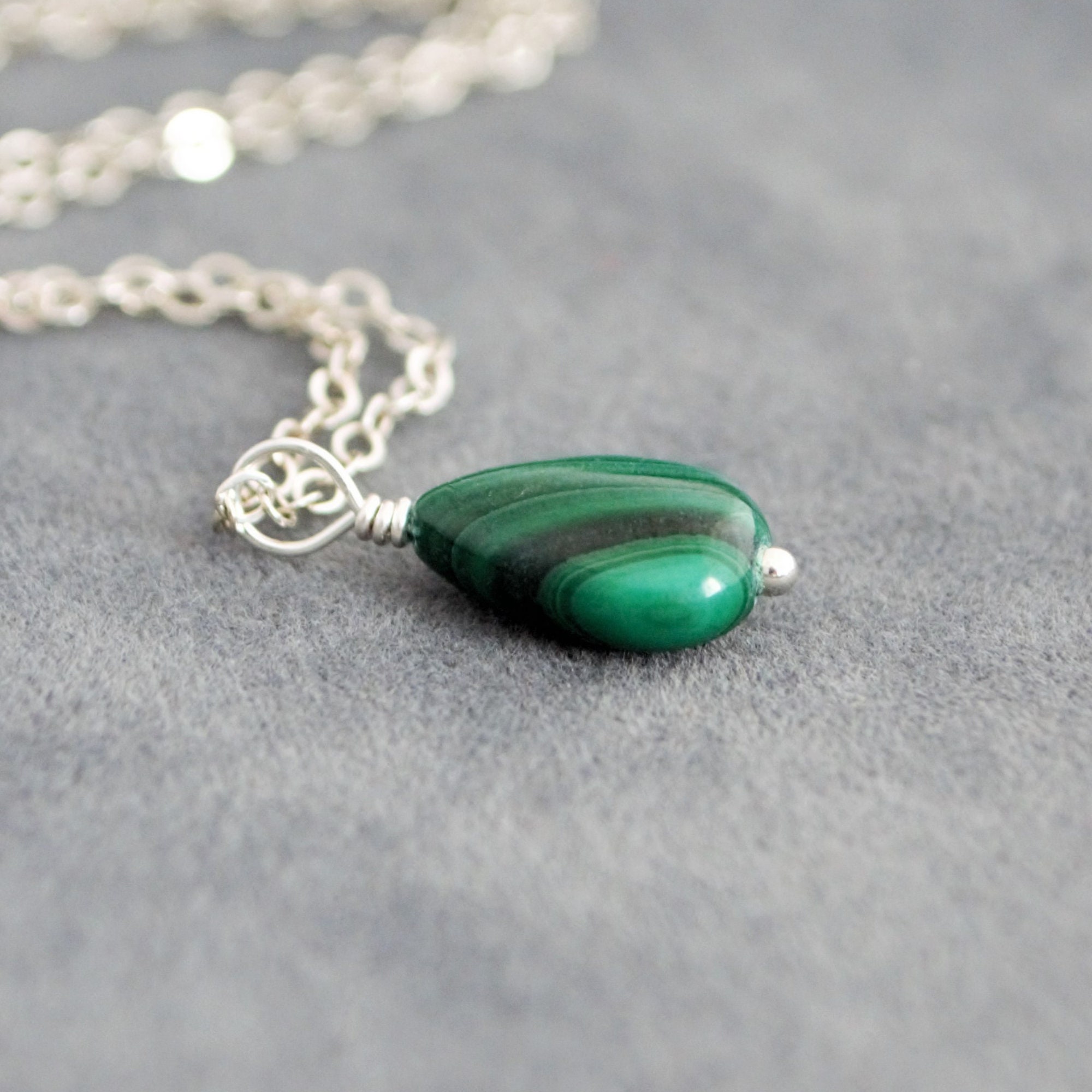 Genuine Malachite Necklace, Minimalist Green Drop Pendant, Handmade Gemstone Jewelry