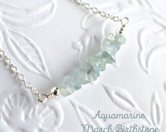 Raw Aquamarine Bar Necklace, March Birthstone Jewelry, 19th Wedding Anniversary Gift For Wife