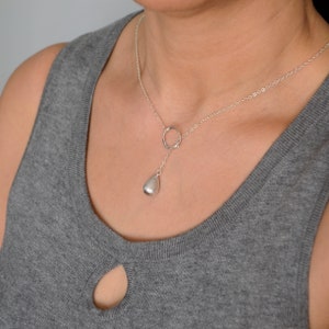 Silver Drop Lariat Necklace, Bridesmaid Gifts, Textured Silver Teardrop Y Necklace, Wedding Jewelry, Gift Idea For Her