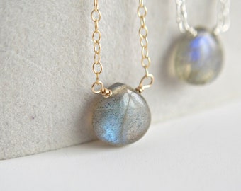 Labradorite Drop Necklace, Throat Chakra Necklace, Blue Grey Gemstone Pendant