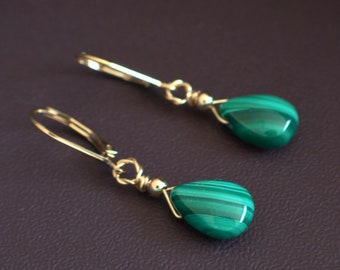 Malachite Earrings, Emerald Green Lever Back Earrings, Real Malachite Jewelry