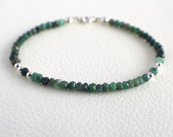 Dainty Emerald Bracelet: Sterling Silver Beaded May Birthstone