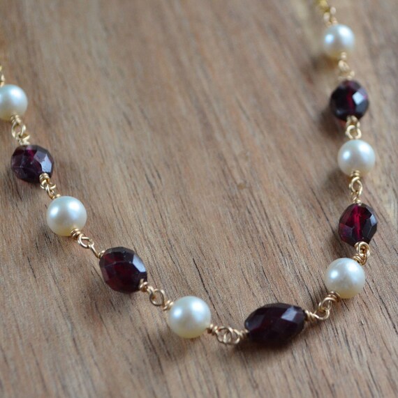Garnet and Pearl Necklace Dark Red 