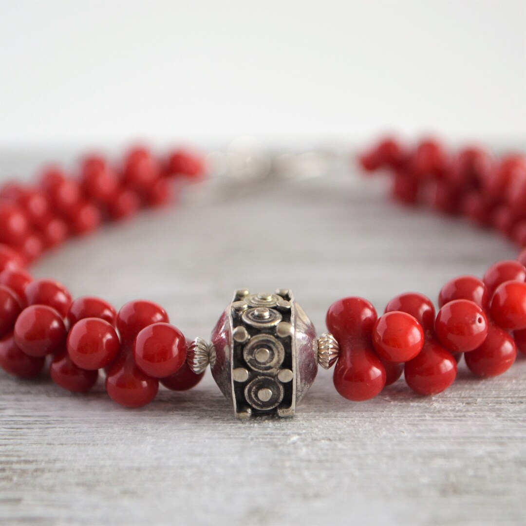 Red Coral Beaded Bracelet in Sterling Silver Coral Bead Etsy
